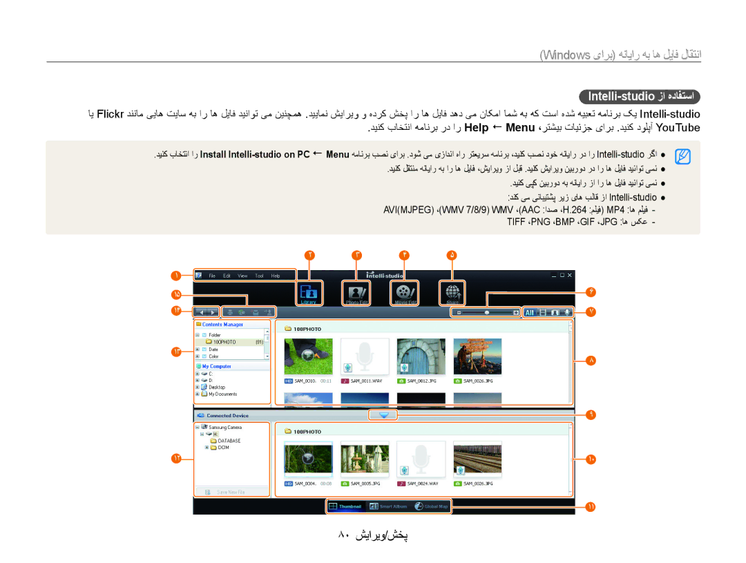 Samsung EC-WB600ZBPBDZ, EC-WB600ZBPBE1, EC-WB600ZDPAME, EC-WB600ZDPBME manual ٨٠ ﺶﻳﺍﺮﻳﻭ/ﺶﺨﭘ, Intelli-studio ﺯﺍ ﻩﺩﺎﻔﺘﺳﺍ 
