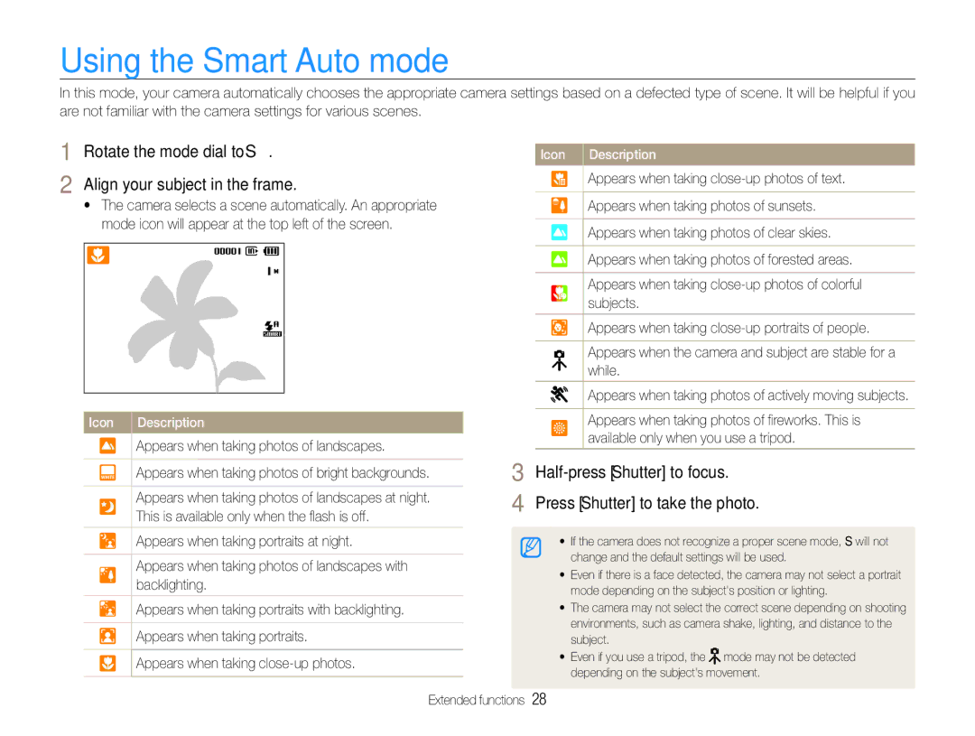 Samsung EC-WB600ZBPAE3 manual Using the Smart Auto mode, Rotate the mode dial to S Align your subject in the frame 