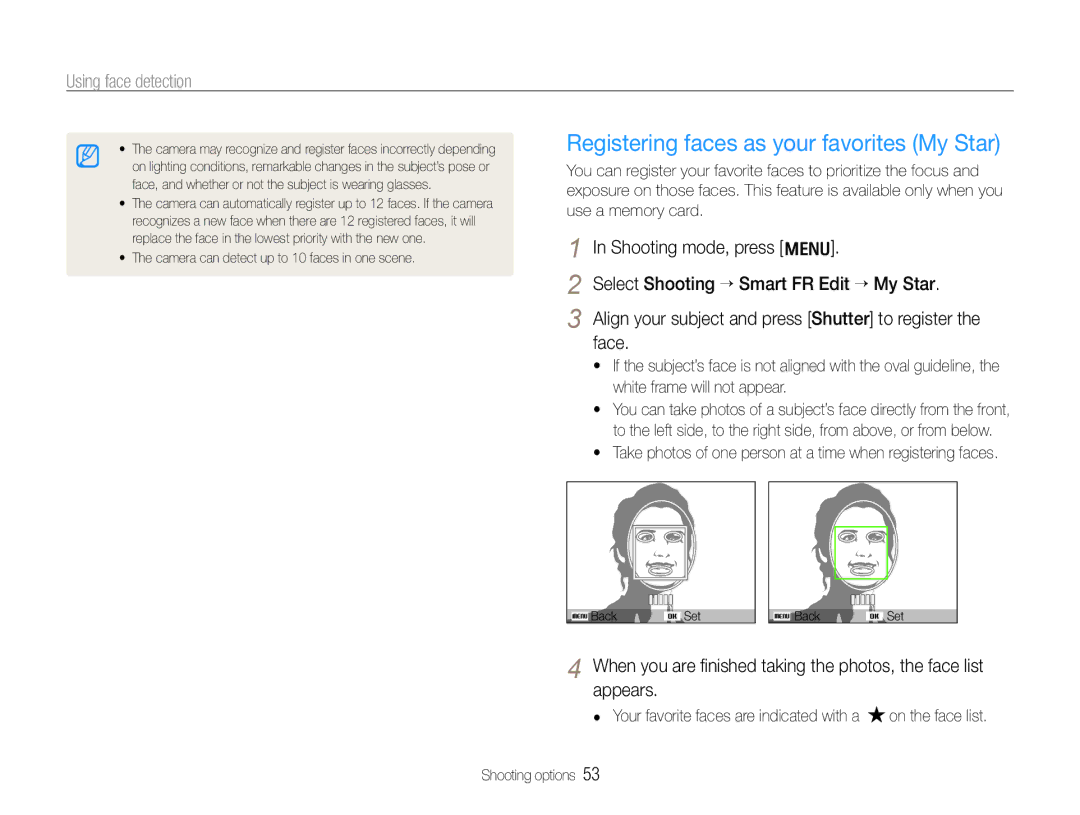 Samsung EC-WB600ZDPAIR, EC-WB600ZBPBE1, EC-WB610ZBDBE1, EC-WB600ZBPBGB manual Registering faces as your favorites My Star 