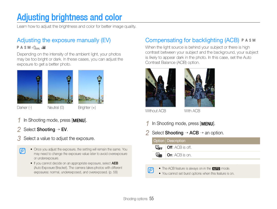 Samsung EC-WB600ZDPBIR, EC-WB600ZBPBE1, EC-WB610ZBDBE1 Adjusting brightness and color, Adjusting the exposure manually EV 