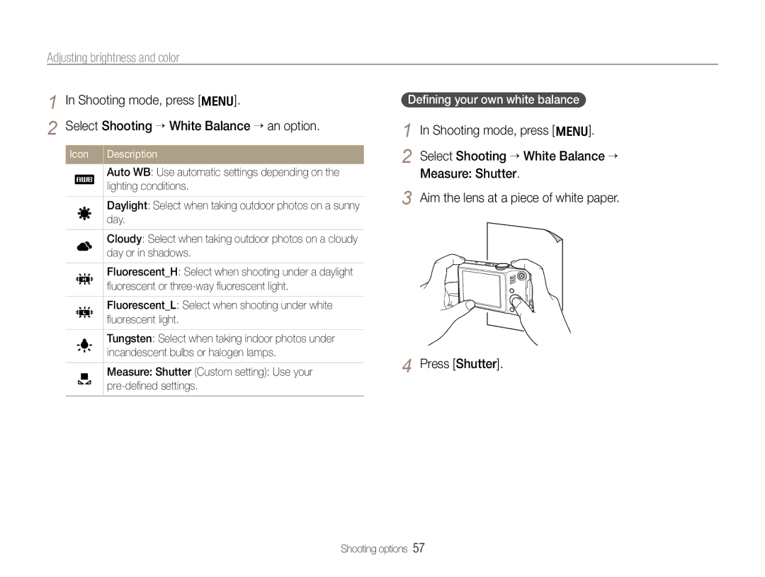 Samsung EC-WB600ZBPBSA, EC-WB600ZBPBE1, EC-WB610ZBDBE1, EC-WB600ZBPBGB manual Deﬁning your own white balance, Icon Description 