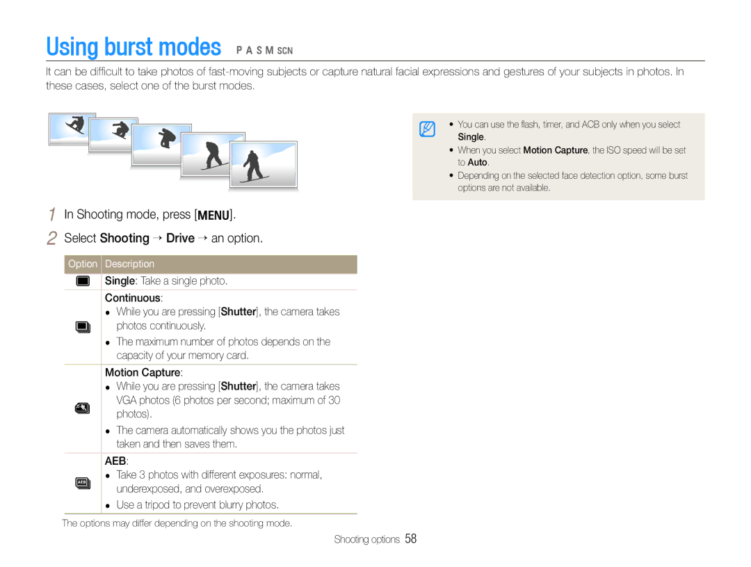 Samsung EC-WB600ZBPBZA manual Using burst modes p a h n s, Shooting mode, press m Select Shooting ¢Drive ¢ an option 