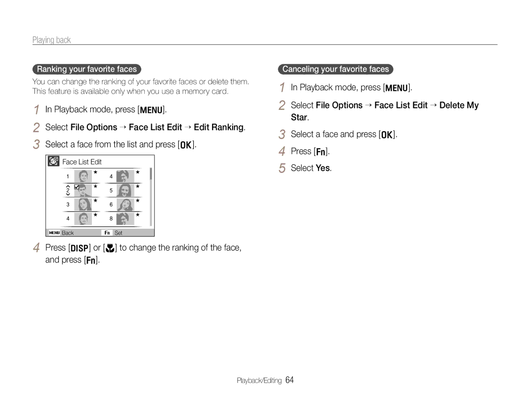 Samsung EC-WB600ZBPAE3, EC-WB600ZBPBE1 manual Playing back, Playback mode, press m, Select a face from the list and press o 