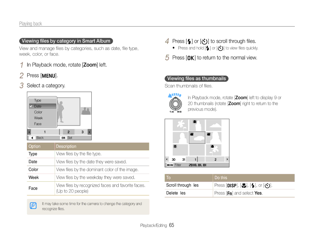 Samsung EC-WB600ZBPBE2, EC-WB600ZBPBE1, EC-WB610ZBDBE1 manual Select a category, Viewing ﬁles as thumbnails, Do this 