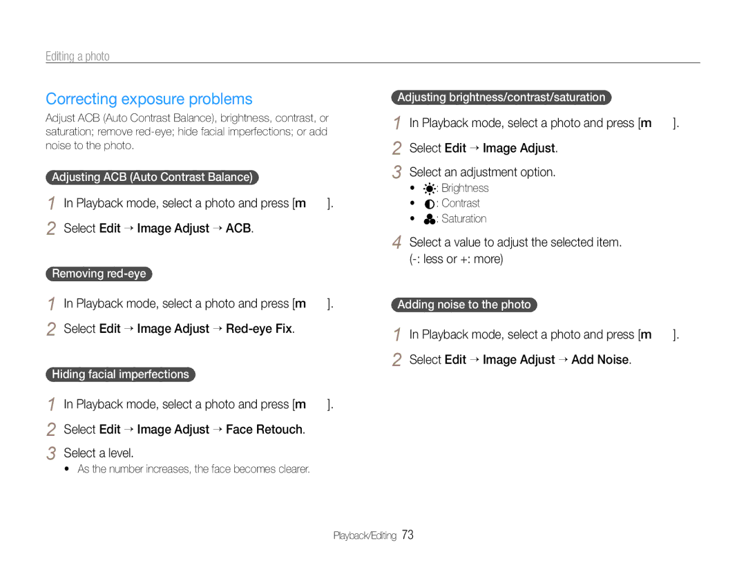 Samsung EC-WB600ZBPBGB manual Correcting exposure problems, Select a value to adjust the selected item. less or + more 