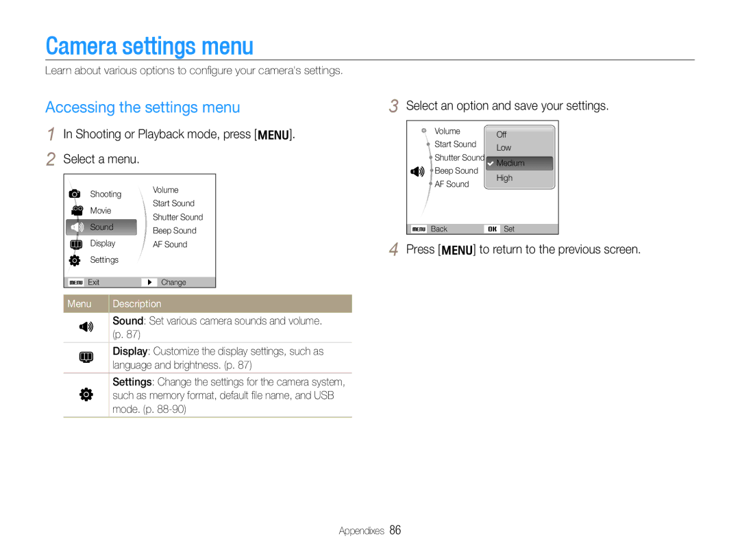 Samsung EC-WB600ZBPBDZ Camera settings menu, Accessing the settings menu, Shooting or Playback mode, press m Select a menu 