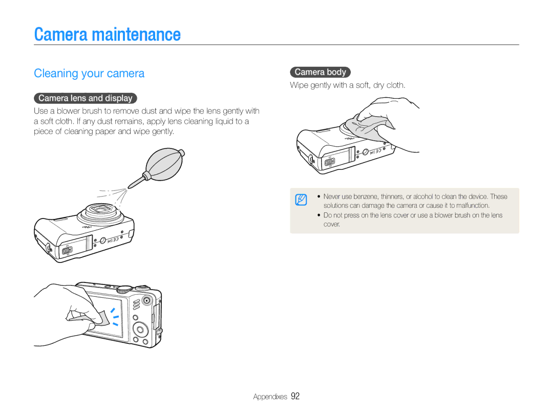 Samsung EC-WB600ZBPBIL, EC-WB600ZBPBE1 manual Camera maintenance, Cleaning your camera, Camera lens and display, Camera body 