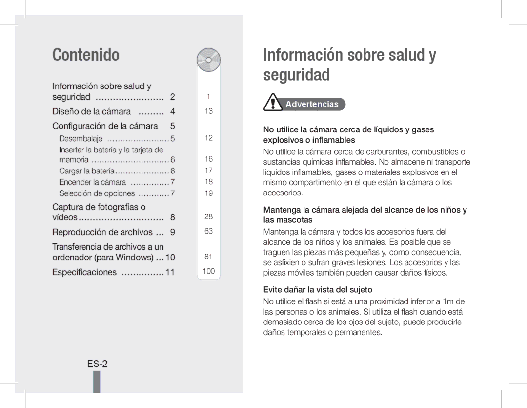 Samsung EC-WB600ZBPAIL manual Contenido, Información sobre salud y seguridad, Información sobre salud y Seguridad… …………………… 