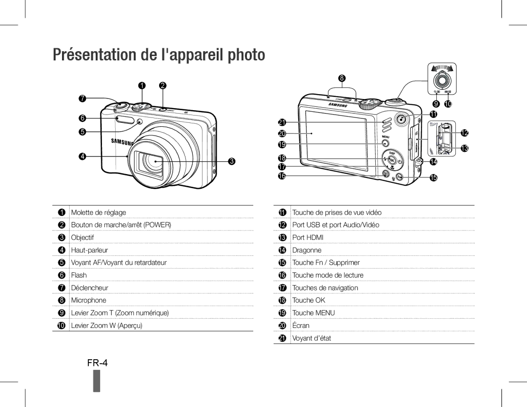 Samsung EC-WB600ZBPBVN, EC-WB600ZBPBE1, EC-WB610ZBDBE1, EC-WB600ZBPBGB, EC-WB610ZBDNE1 manual Présentation de lappareil photo 