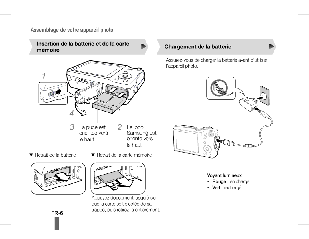 Samsung EC-WB600ZBPNVN Insertion de la batterie et de la carte mémoire, La puce est Le logo Orientée vers, Samsung est 