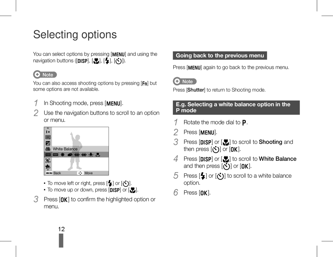 Samsung EC-WB600ZBPAIL Selecting options, Going back to the previous menu, Selecting a white balance option in the P mode 