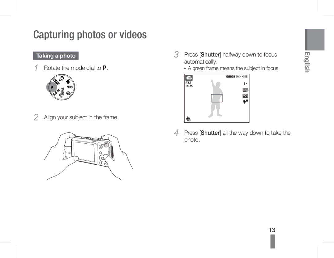 Samsung EC-WB600ZDPNME, EC-WB600ZBPBE1 Capturing photos or videos, Press Shutter halfway down to focus, Taking a photo 