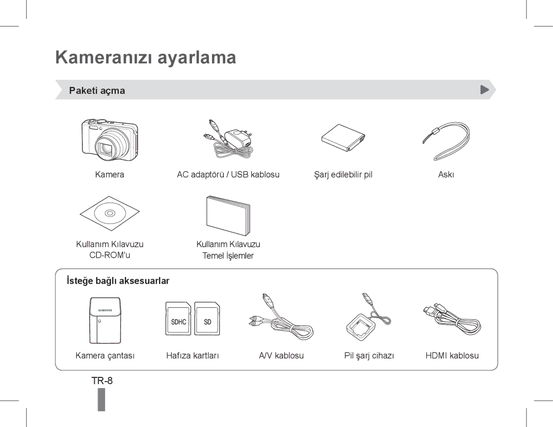 Samsung EC-WB600ZBPNVN, EC-WB600ZBPBE1, EC-WB610ZBDBE1 Kameranızı ayarlama, TR-8, Paketi açma, İsteğe bağlı aksesuarlar 