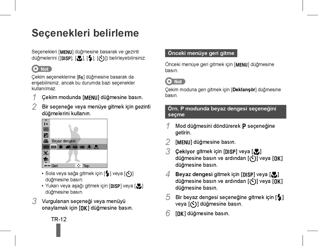 Samsung EC-WB600ZBPBE2, EC-WB600ZBPBE1, EC-WB610ZBDBE1 manual Seçenekleri belirleme, TR-12, Önceki menüye geri gitme 