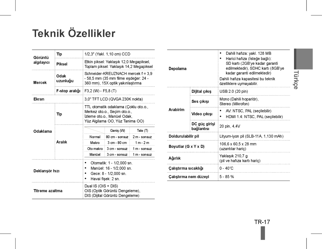 Samsung EC-WB600ZBPNIL, EC-WB600ZBPBE1, EC-WB610ZBDBE1, EC-WB600ZBPBGB, EC-WB610ZBDNE1 manual Teknik Özellikler, TR-17 