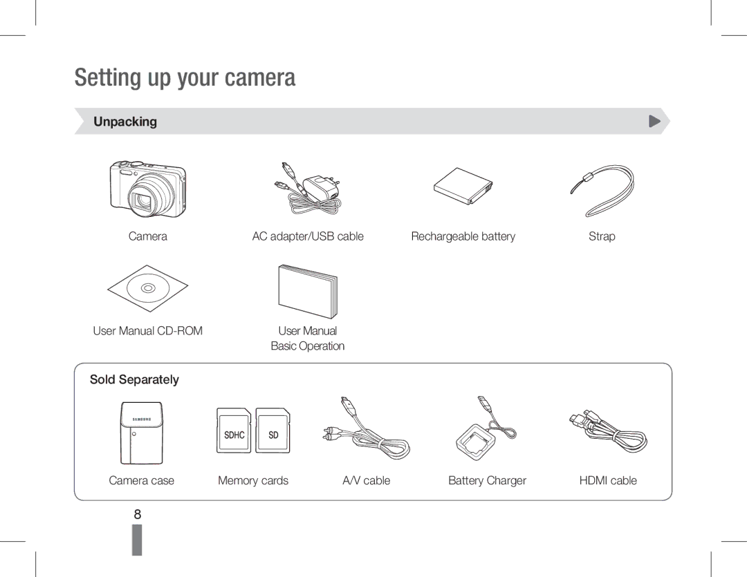 Samsung EC-WB600ZBPBIT Setting up your camera, Unpacking, Sold Separately, Camera case Memory cards Cable Battery Charger 