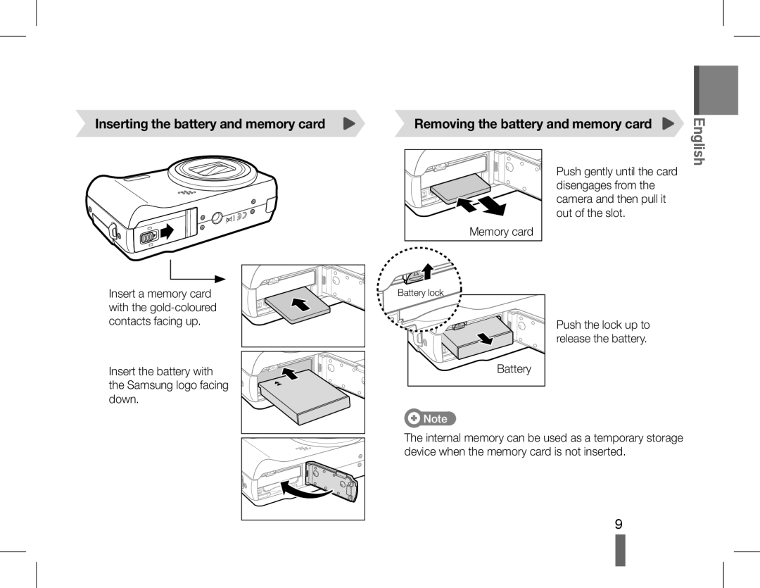 Samsung EC-WB600ZDPBME, EC-WB600ZBPBE1 manual Inserting the battery and memory card, Removing the battery and memory card 