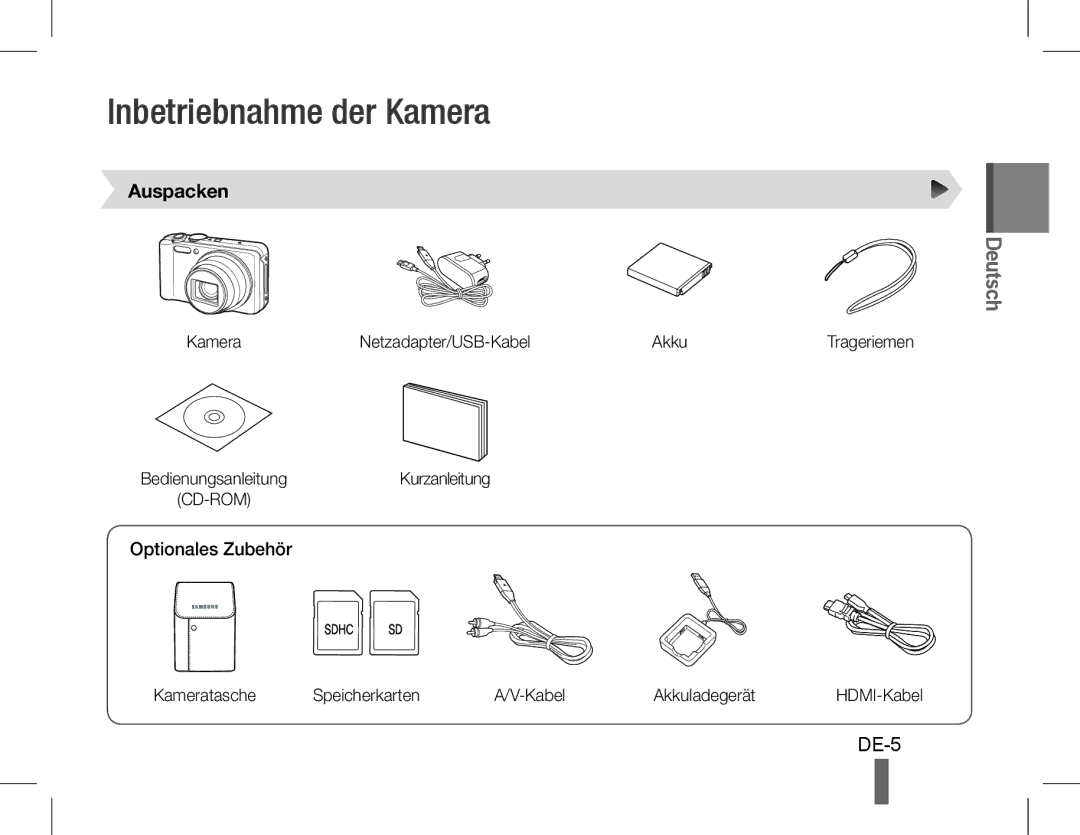 Samsung EC-WB600ZBPBDZ, EC-WB600ZBPBE1, EC-WB610ZBDBE1 manual Inbetriebnahme der Kamera, DE-5, Auspacken, Optionales Zubehör 