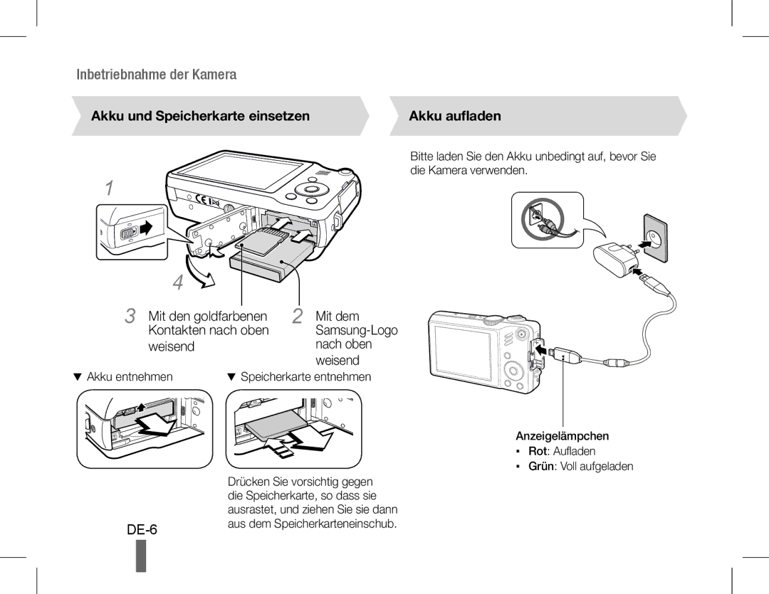 Samsung EC-WB600ZBPNSA, EC-WB600ZBPBE1, EC-WB610ZBDBE1 manual DE-6, Akku und Speicherkarte einsetzen Akku aufladen, Weisend 