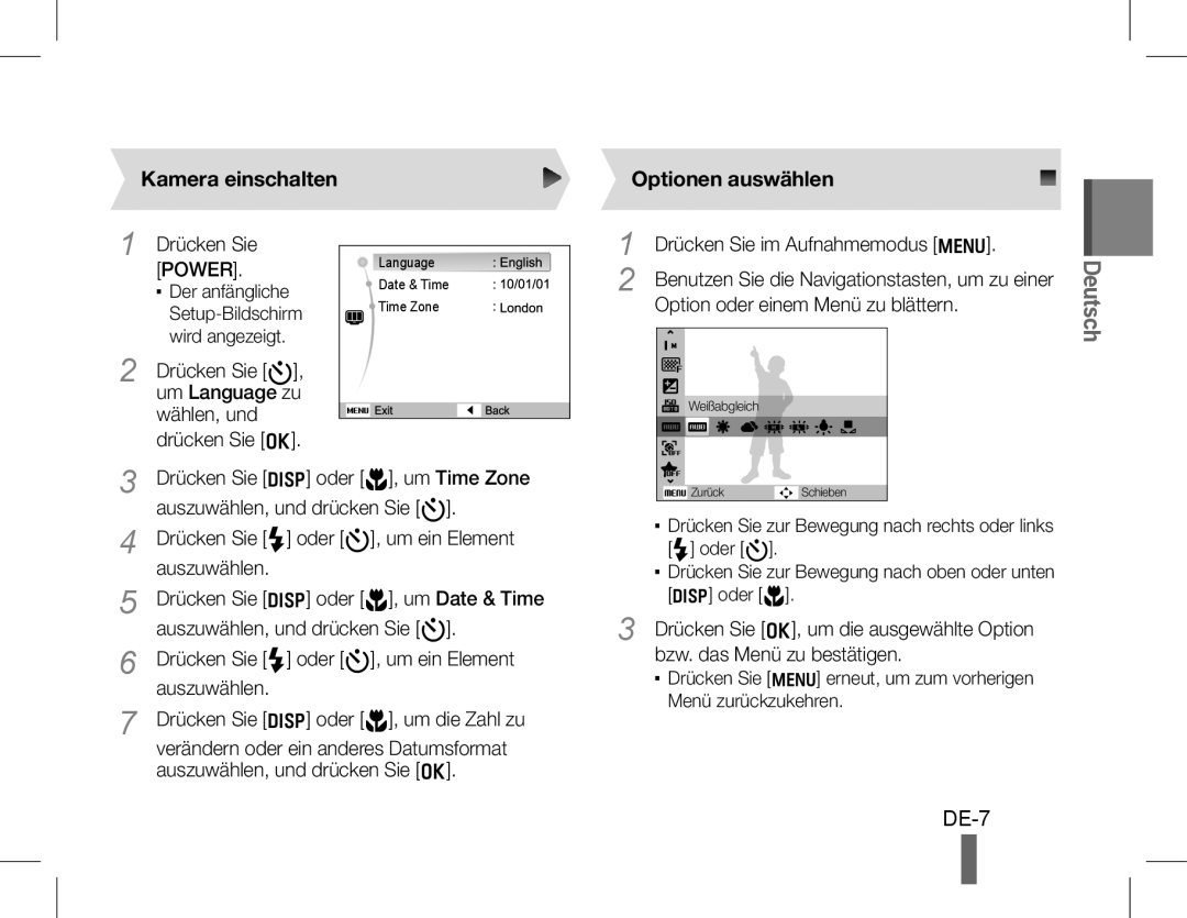 Samsung EC-WB600ZDPNIR, EC-WB600ZBPBE1, EC-WB610ZBDBE1, EC-WB600ZBPBGB manual DE-7, Kamera einschalten, Optionen auswählen 