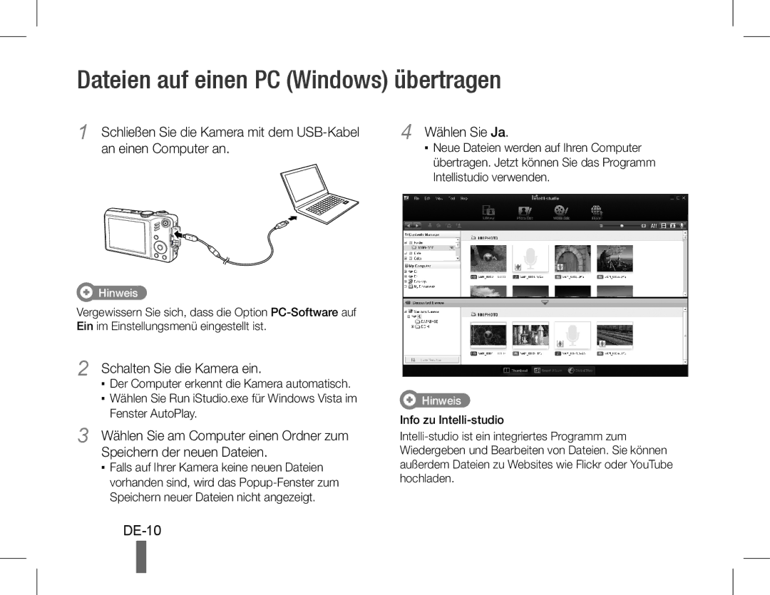 Samsung EC-WB600ZDPBIR manual Dateien auf einen PC Windows übertragen, DE-10, Schalten Sie die Kamera ein, Wählen Sie Ja 