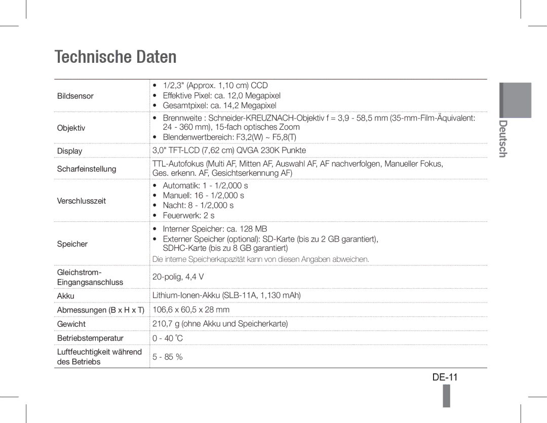 Samsung EC-WB600ZBPBIL, EC-WB600ZBPBE1, EC-WB610ZBDBE1, EC-WB600ZBPBGB, EC-WB610ZBDNE1, EC-WB600ZBPNE1 Technische Daten, DE-11 