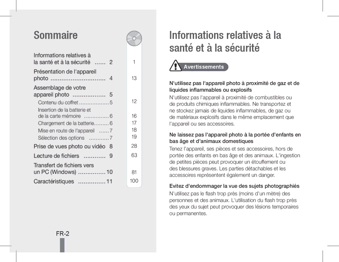 Samsung EC-WB600ZBPBSA, EC-WB600ZBPBE1 Sommaire, Informations relatives à la santé et à la sécurité, FR-2, Avertissements 