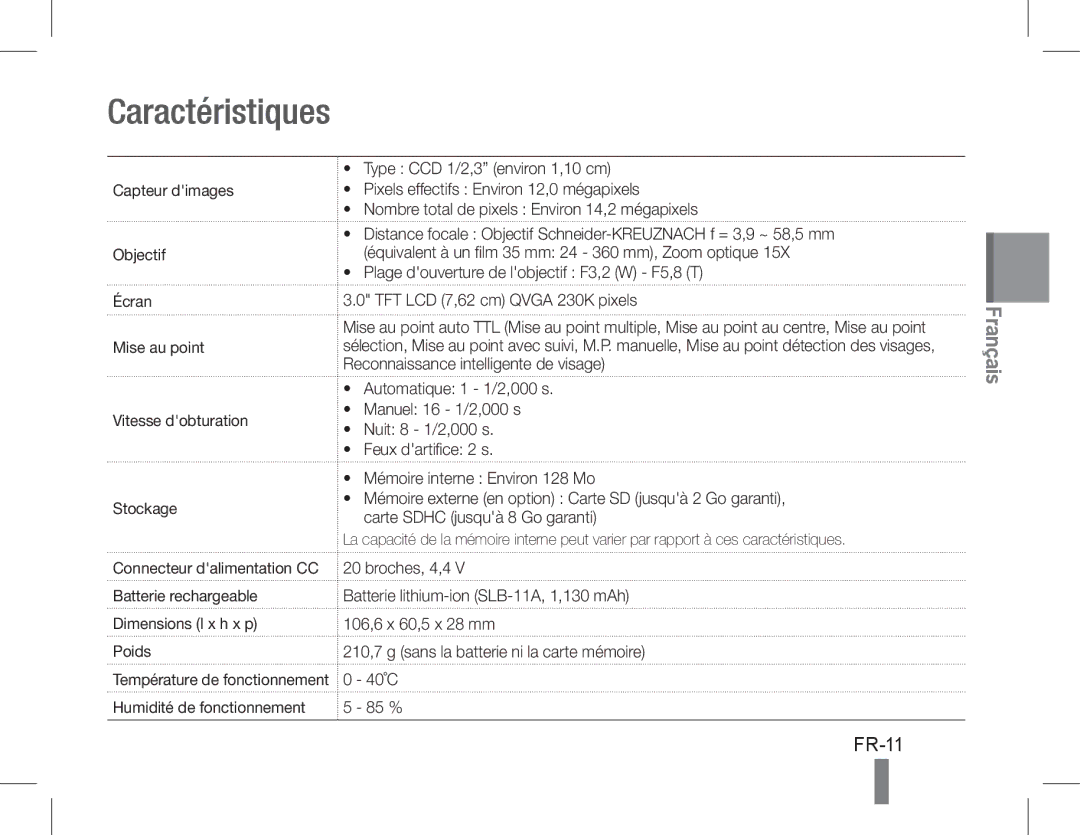 Samsung EC-WB600ZBPBRU, EC-WB600ZBPBE1, EC-WB610ZBDBE1, EC-WB600ZBPBGB, EC-WB610ZBDNE1, EC-WB600ZBPNE1 Caractéristiques, FR-11 