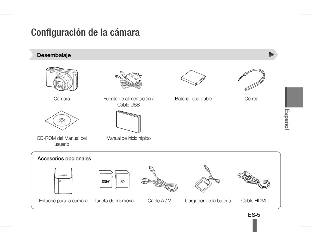 Samsung EC-WB600ZBPNIL, EC-WB600ZBPBE1, EC-WB610ZBDBE1 Configuración de la cámara, ES-5, Desembalaje, Accesorios opcionales 