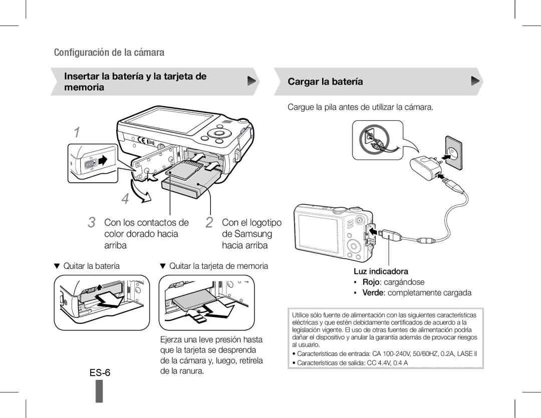 Samsung EC-WB600ZBPBE1 ES-6, Con los contactos de, Color dorado hacia De Samsung Arriba Hacia arriba, Con el logotipo 