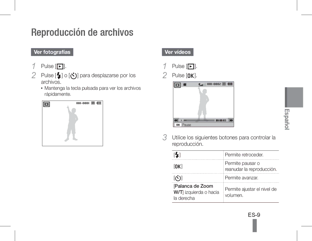 Samsung EC-WB610ZBDNE1, EC-WB600ZBPBE1, EC-WB610ZBDBE1 Reproducción de archivos, ES-9, Ver fotografías, Pulse P, Ver vídeos 