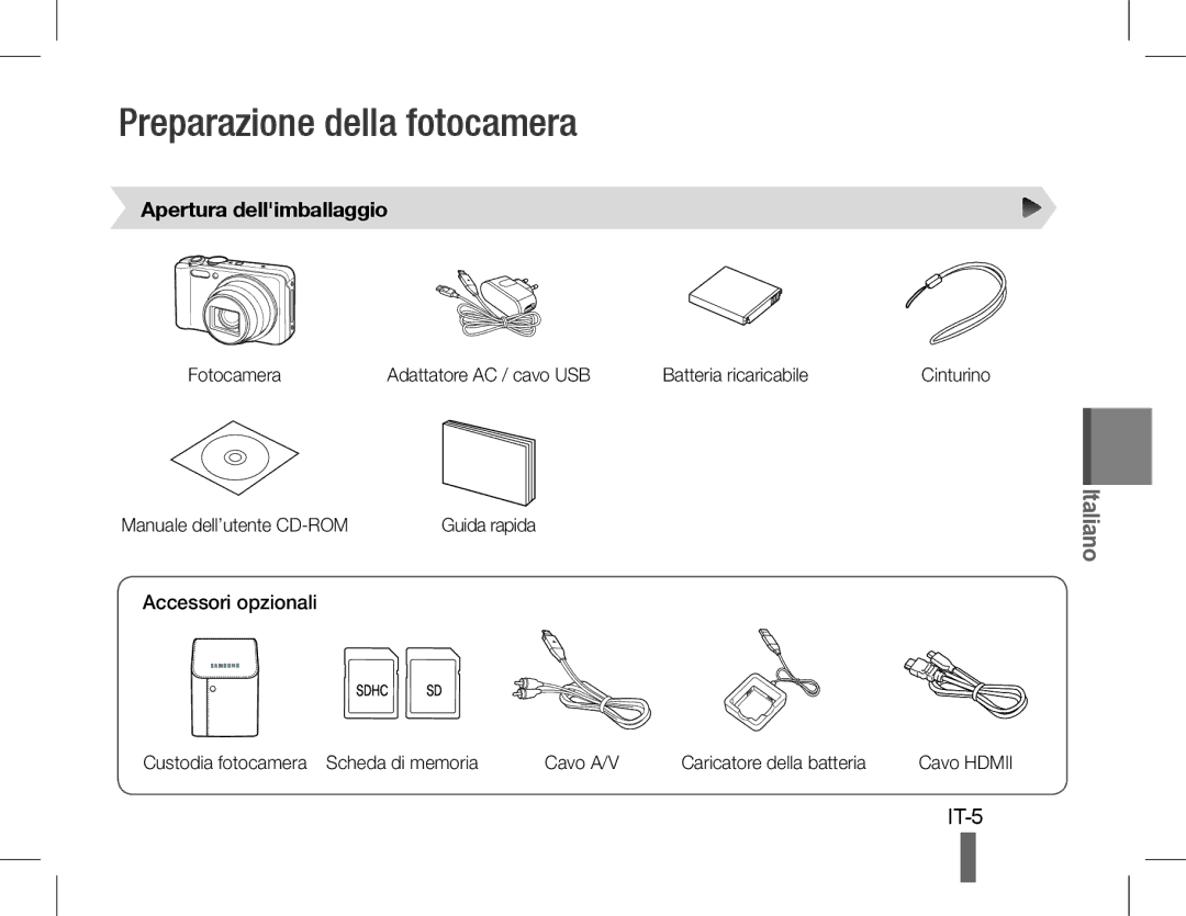 Samsung EC-WB600ZDPBME, EC-WB600ZBPBE1 Preparazione della fotocamera, IT-5, Apertura dellimballaggio, Accessori opzionali 