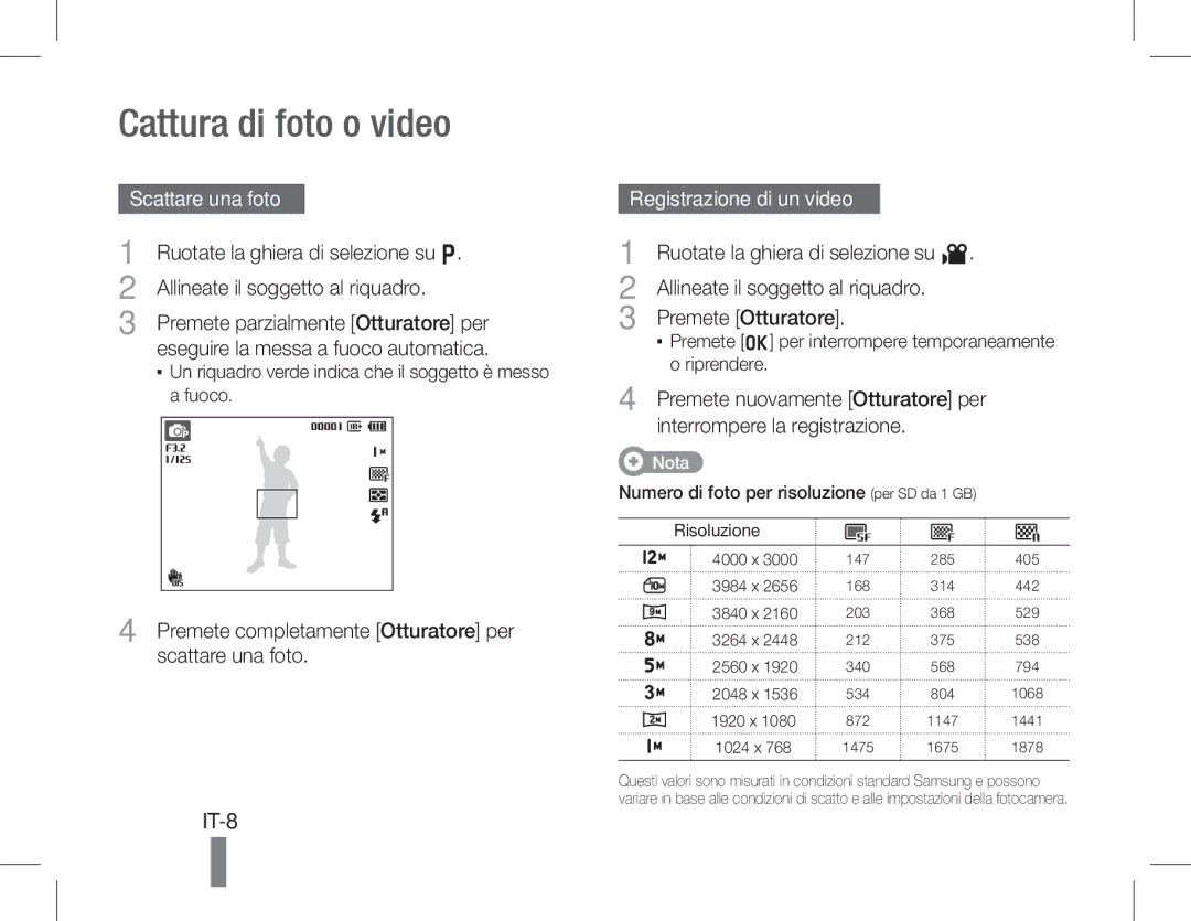 Samsung EC-WB600ZBPAIL, EC-WB600ZBPBE1 Cattura di foto o video, IT-8, Scattare una foto, Allineate il soggetto al riquadro 