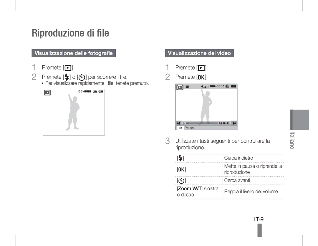 Samsung EC-WB600ZDPNME manual Riproduzione di file, IT-9, Visualizzazione delle fotografie, Visualizzazione dei video 