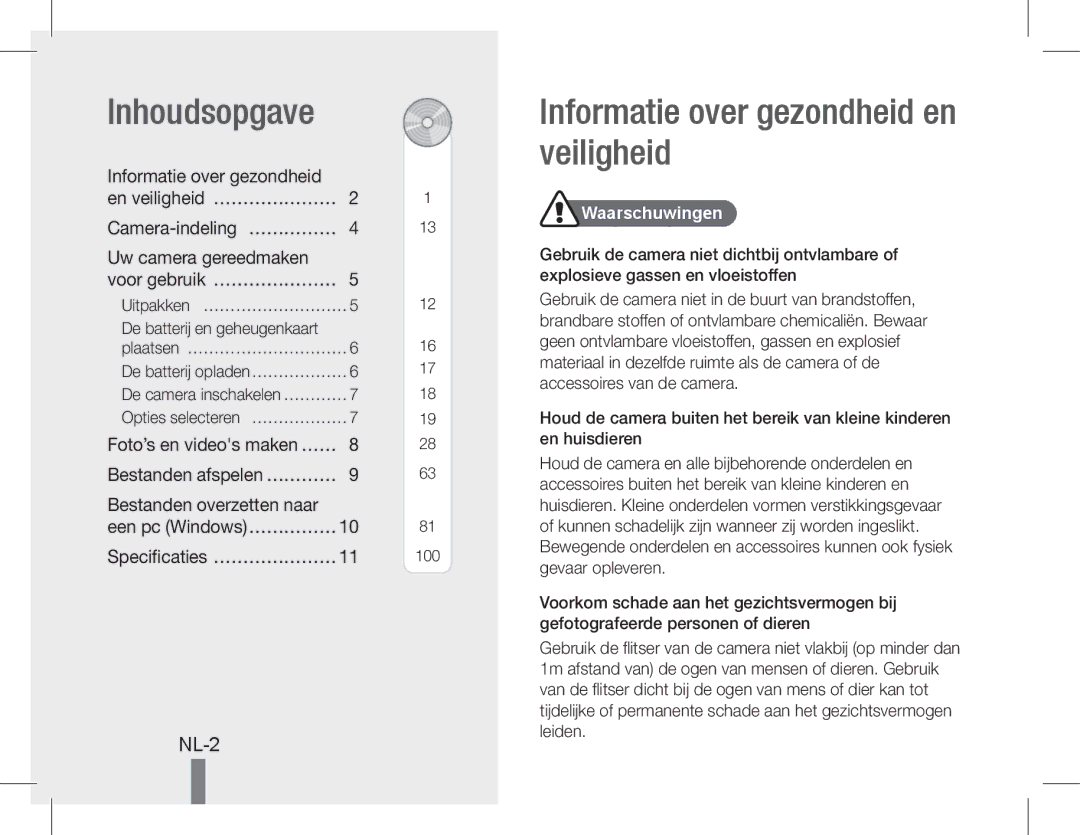 Samsung EC-WB600ZBPNSA, EC-WB600ZBPBE1 manual Inhoudsopgave, Informatie over gezondheid en veiligheid, NL-2, Waarschuwingen 