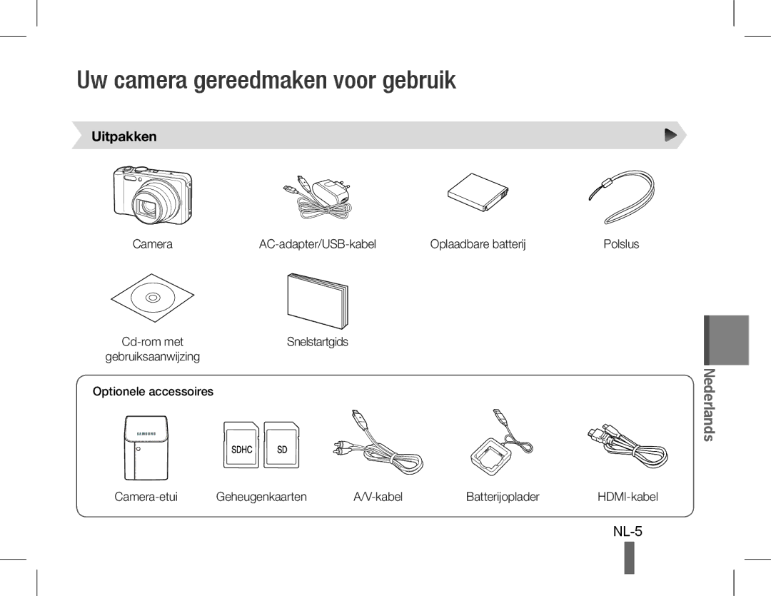 Samsung EC-WB600ZBPASA, EC-WB600ZBPBE1, EC-WB610ZBDBE1, EC-WB600ZBPBGB Uw camera gereedmaken voor gebruik, NL-5, Uitpakken 