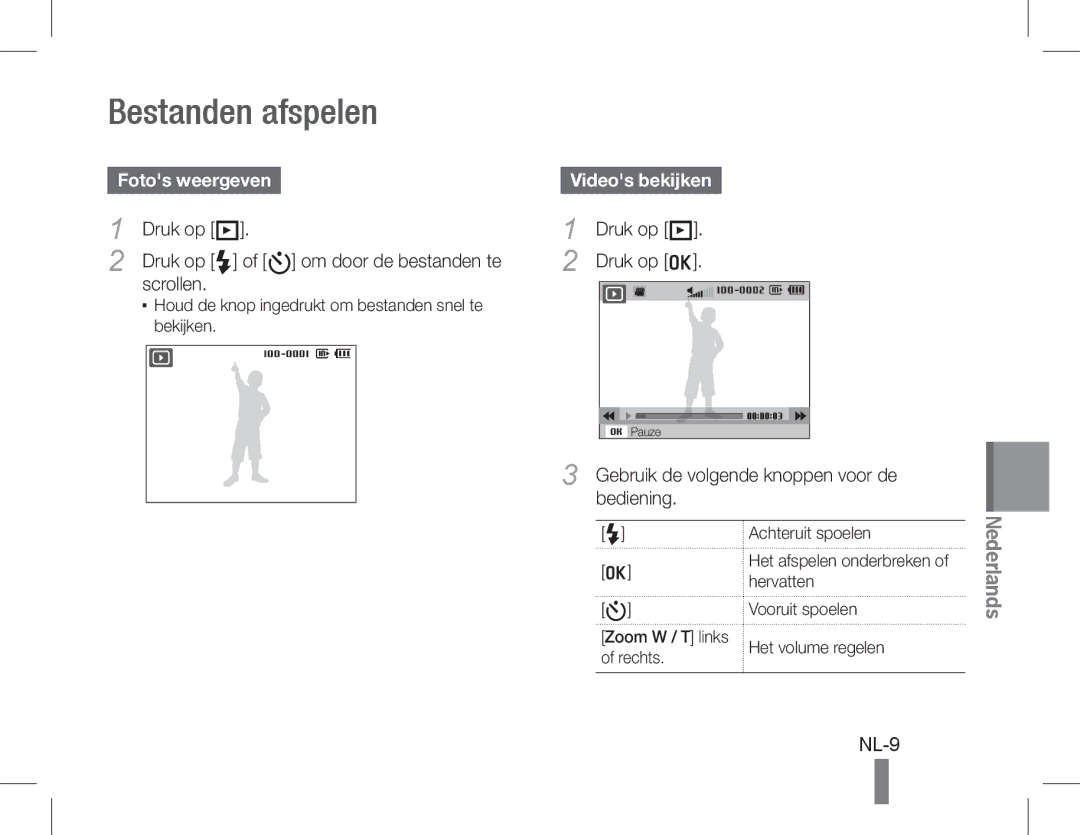 Samsung EC-WB600ZBPBZA, EC-WB600ZBPBE1, EC-WB610ZBDBE1 manual Bestanden afspelen, NL-9, Fotos weergeven, Videos bekijken 