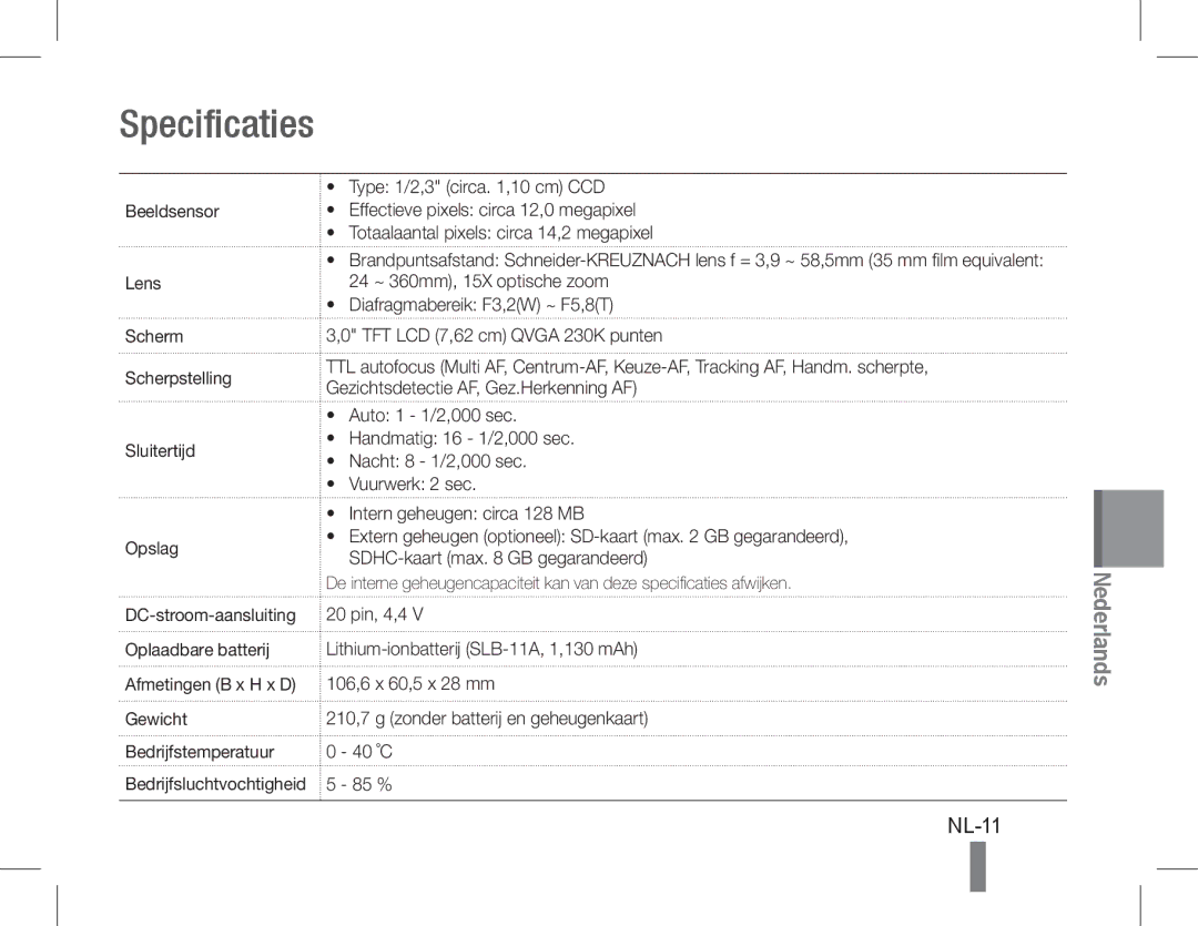 Samsung EC-WB600ZBPAVN, EC-WB600ZBPBE1, EC-WB610ZBDBE1, EC-WB600ZBPBGB, EC-WB610ZBDNE1 manual Specificaties, NL-11, Gewicht 