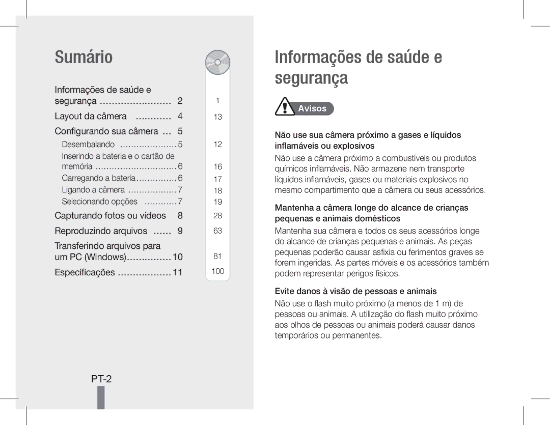 Samsung EC-WB600ZBPNVN Sumário, Informações de saúde e segurança, PT-2, Layout da câmera… ………… Configurando sua câmera… … 