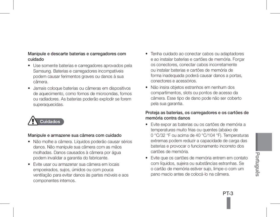 Samsung EC-WB600ZBDBVN, EC-WB600ZBPBE1, EC-WB610ZBDBE1, EC-WB600ZBPBGB, EC-WB610ZBDNE1, EC-WB600ZBPNE1 manual PT-3, Cuidados 