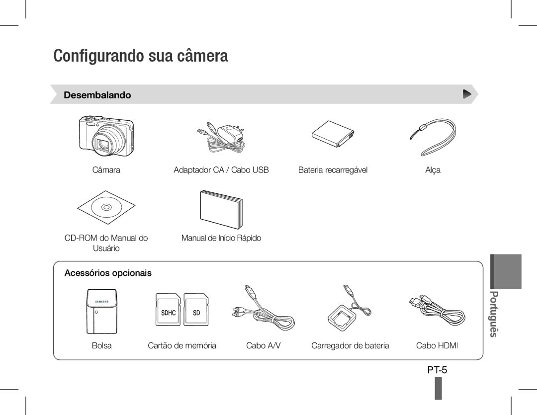 Samsung EC-WB600ZBPAE3, EC-WB600ZBPBE1, EC-WB610ZBDBE1 Configurando sua câmera, PT-5, Desembalando, Acessórios opcionais 