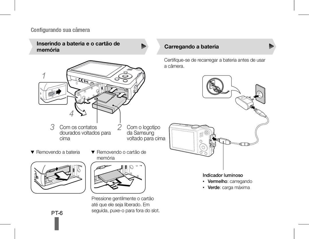 Samsung EC-WB600ZBPBE2 manual PT-6, Removendo a bateria, Indicador luminoso Vermelho carregando Verde carga máxima 