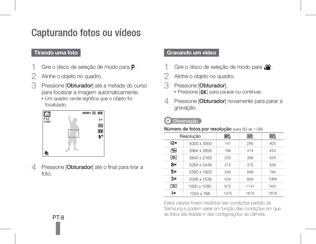 Samsung EC-WB610ZBDBE2, EC-WB600ZBPBE1 manual Capturando fotos ou vídeos, PT-8, Tirando uma foto, Gravando um vídeo 
