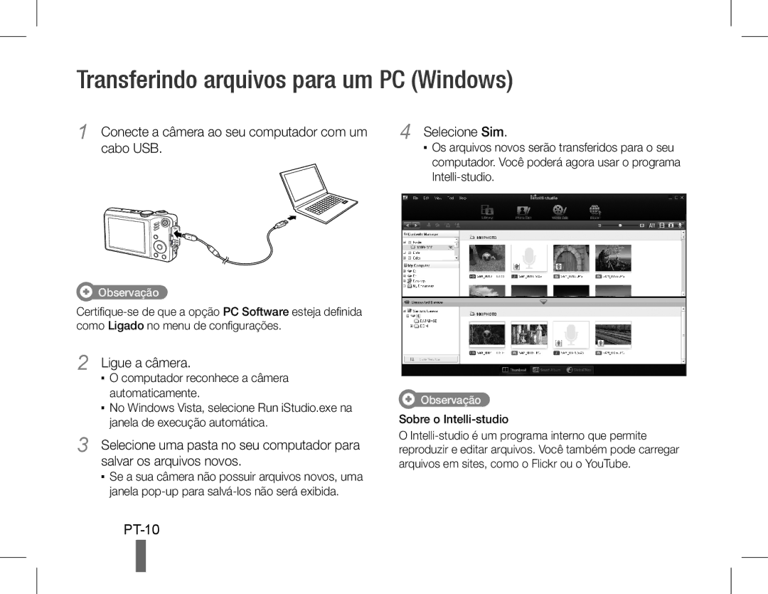 Samsung EC-WB600ZBPARU Transferindo arquivos para um PC Windows, PT-10, Conecte a câmera ao seu computador com um cabo USB 