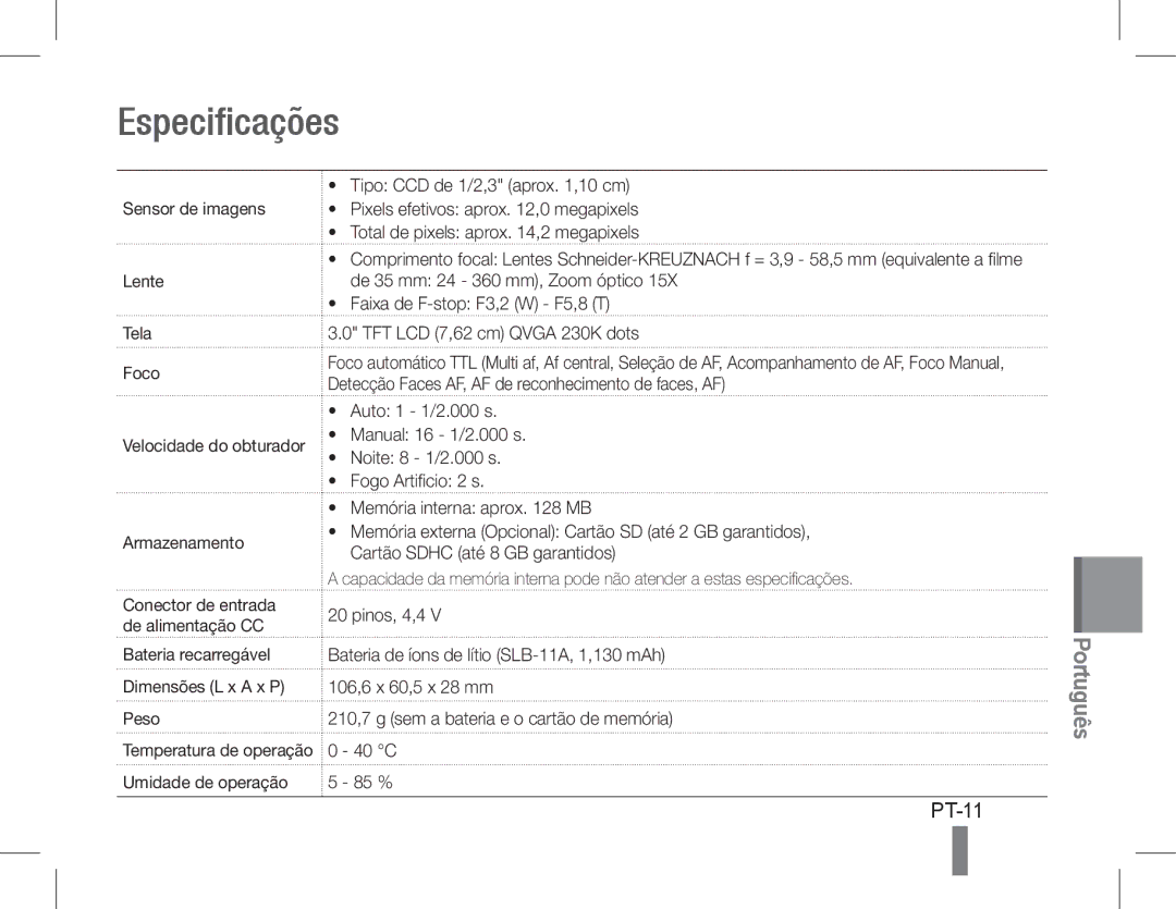 Samsung EC-WB600ZBPNIL, EC-WB600ZBPBE1, EC-WB610ZBDBE1, EC-WB600ZBPBGB, EC-WB610ZBDNE1, EC-WB600ZBPNE1 Especificações, PT-11 