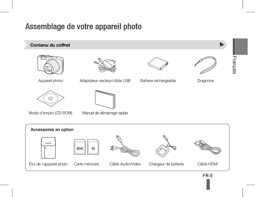 Samsung EC-WB600ZBPBDZ, EC-WB600ZBPBE1 Assemblage de votre appareil photo, FR-5, Contenu du coffret, Accessoires en option 