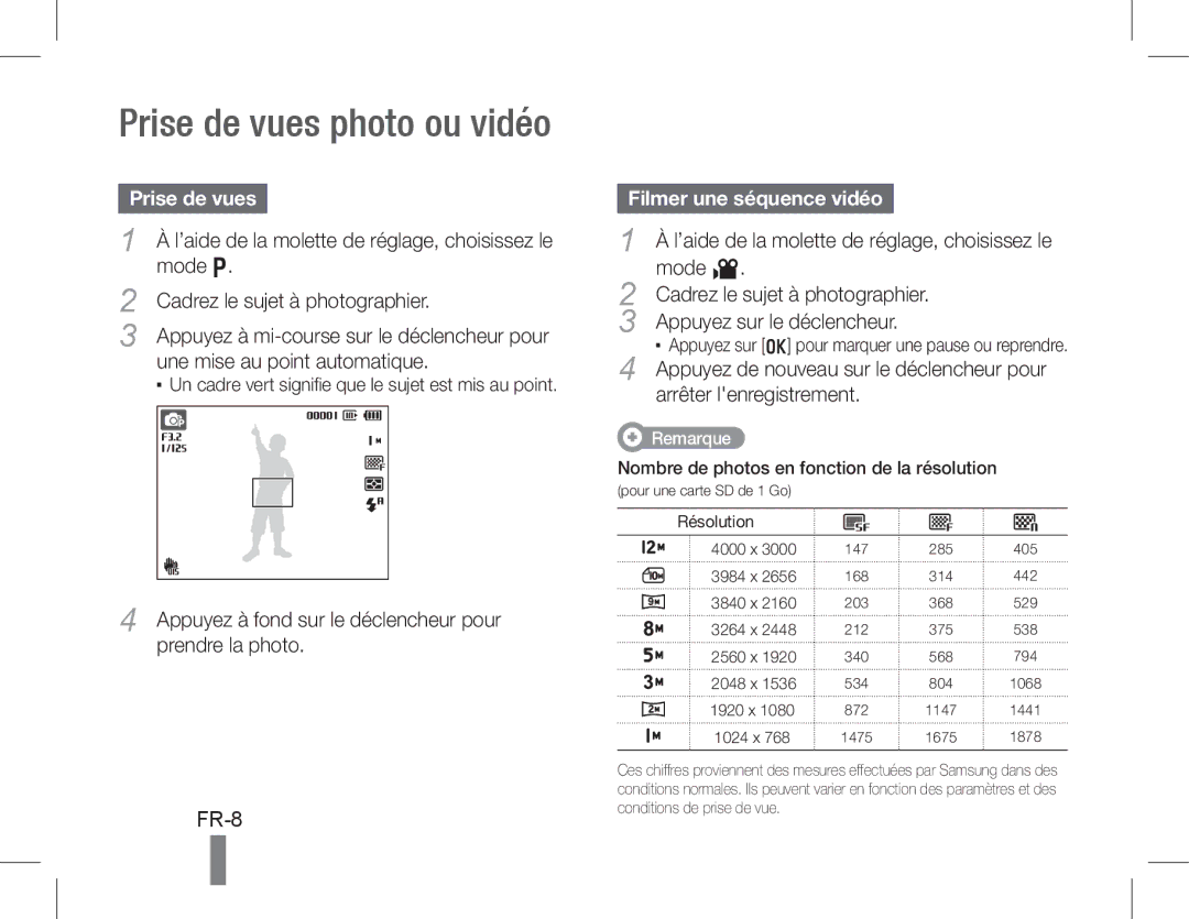 Samsung EC-WB600ZDPAIR, EC-WB600ZBPBE1, EC-WB610ZBDBE1, EC-WB600ZBPBGB, EC-WB610ZBDNE1 Prise de vues photo ou vidéo, FR-8 