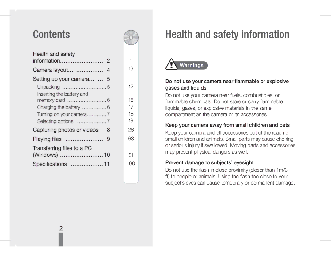 Samsung EC-WB600ZBPBGB, EC-WB600ZBPBE1, EC-WB610ZBDBE1, EC-WB610ZBDNE1 manual Contents, Health and safety information 