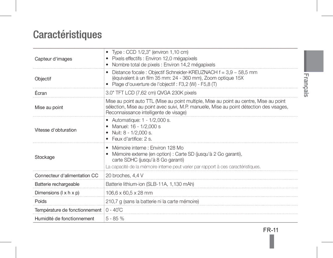 Samsung EC-WB600ZBPBIL, EC-WB600ZBPBE1, EC-WB610ZBDBE1, EC-WB600ZBPBGB, EC-WB610ZBDNE1, EC-WB600ZBPNE1 Caractéristiques, FR-11 