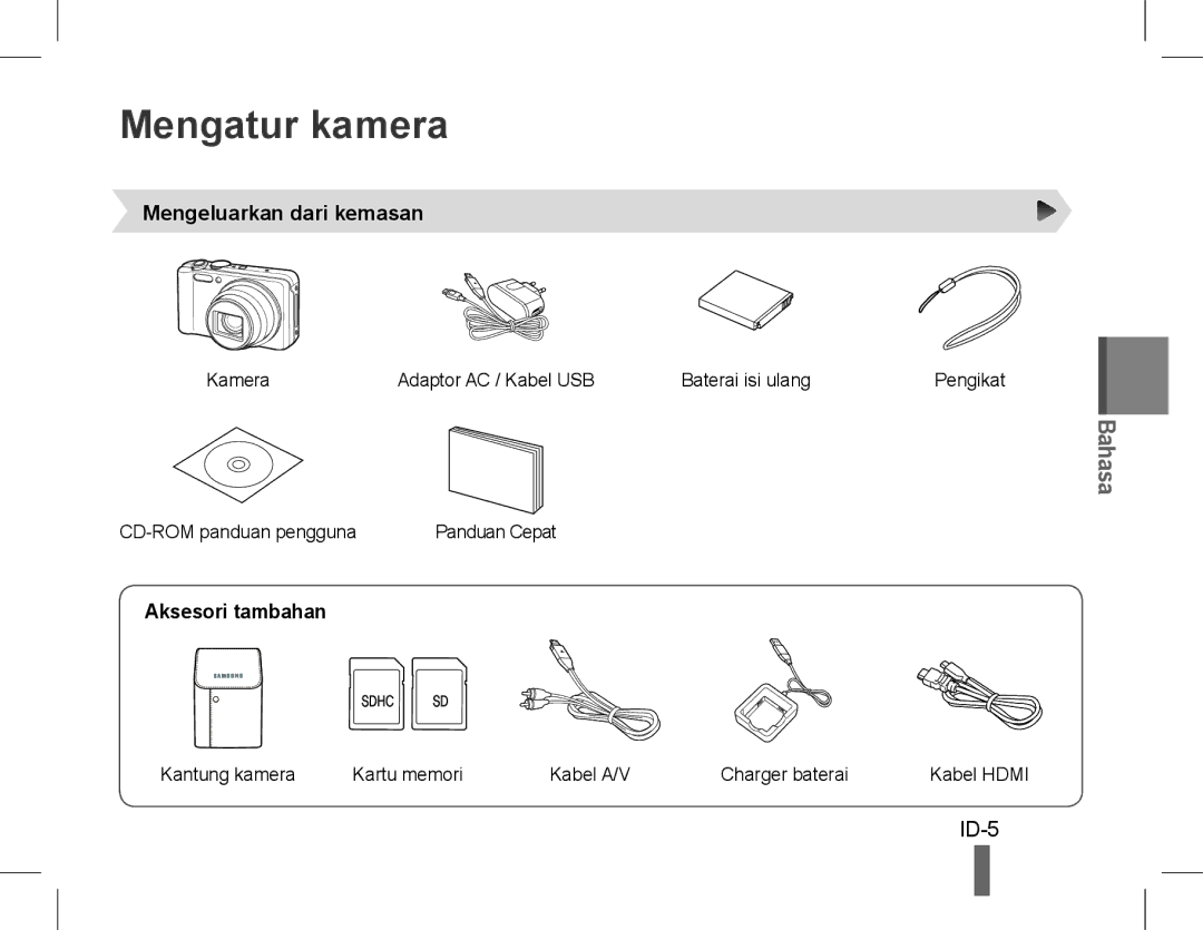 Samsung EC-WB600ZBPNIL, EC-WB600ZBPBE1, EC-WB610ZBDBE1 Mengatur kamera, ID-5, Mengeluarkan dari kemasan, Aksesori tambahan 